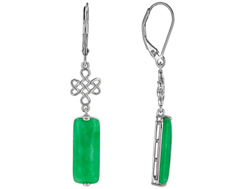Green Jadeite Rhodium Over Sterling Silver Ruyi Knot Earrings
