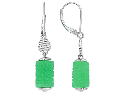 10X7mm Carved Green Jadeite Rhodium Over Sterling Silver Wedding Earrings