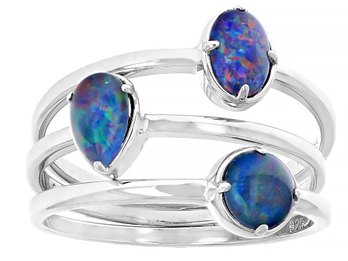 Australian Opal Triplet Rhodium Over Sterling Silver Set of 3 Rings - Size 6