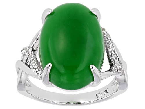 17x12mm Green Jadeite With 0.06ctw White Zircon Rhodium Over Sterling Silver Ring - Size 7