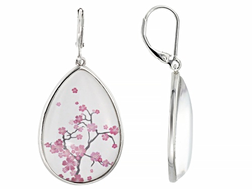 26x18mm Quartz with Printed Cherry Blossom Design Rhodium Over Sterling Silver Earrings