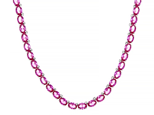 50.87ctw Lab Created Pink Sapphire Rhodium Over Sterling Silver Tennis Necklace - Size 18