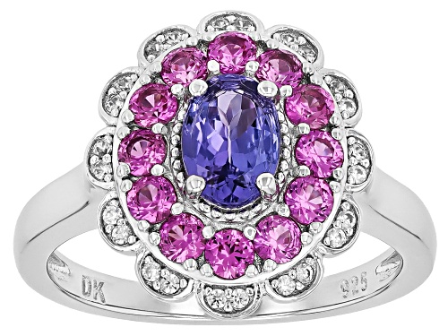 .64ct Tanzanite with 0.83ctw Lab Pink Sapphire & White Zircon Rhodium Over Sterling Silver Ring - Size 9