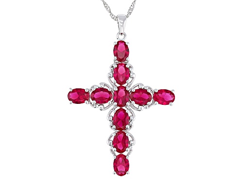 7.23ctw Lab Created Ruby Rhodium Over Sterling Silver Pendant with Chain