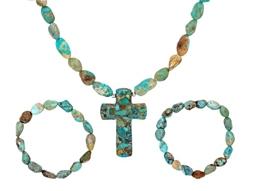 Kingman Turquoise Rhodium Over Sterling Silver Necklace with Set of Two Stretch Bracelets