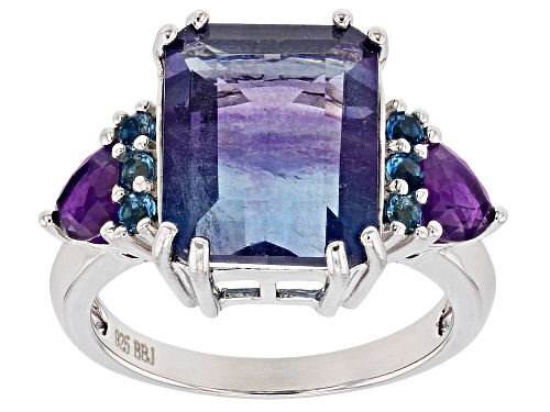 6.41ct Bi-Color Fluorite With .45ctw Amethyst & .21ctw London Blue Topaz Rhodium Over Silver Ring - Size 10