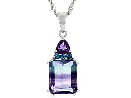 Photo of 6.85ctw bi-color fluorite, amethyst & London blue topaz rhodium over silver pendant with chain