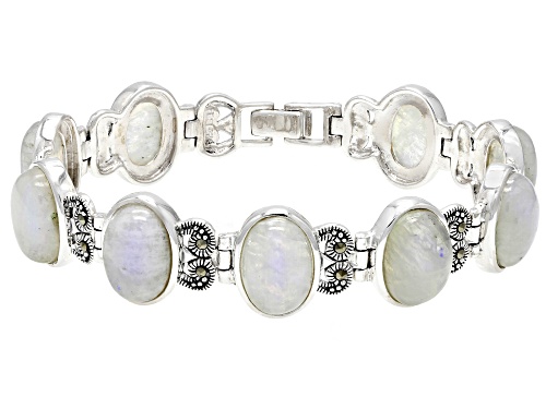 14x10mm Oval Rainbow Moonstone with Marcasite Sterling Silver Bracelet - Size 8