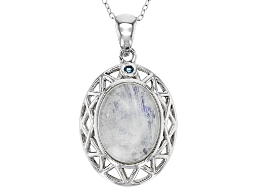 16x12mm rainbow moonstone with 0.03ct blue topaz rhodium over sterling silver pendant with chain