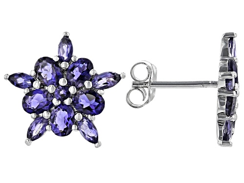 Photo of 1.95ctw Oval, Marquise and Round Iolite Rhodium Over Sterling Silver Cluster Earrings