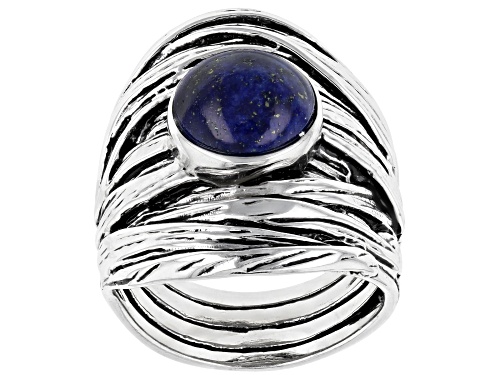 9MM ROUND CABOCHON LAPIS LAZULI RHODIUM OVER STERLING SILVER SOLITAIRE RING - Size 6