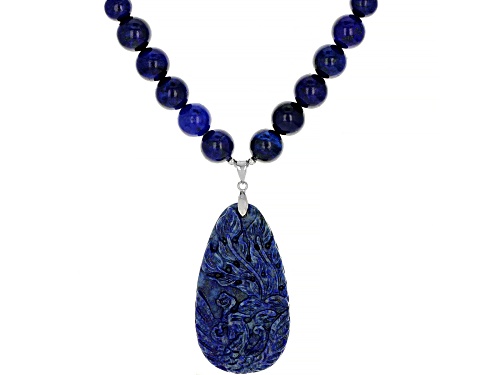 Graduated 6mm, 8mm & 10mm lapis lazuli beads and 49x27mm hand carved peacock drop, silver necklace - Size 18
