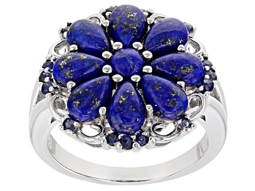 Photo of 4mm Round & 6x4mm Pear Shape Lapis Lazuli With .25ctw Round Blue Sapphire Rhodium Over Silver Ring - Size 7