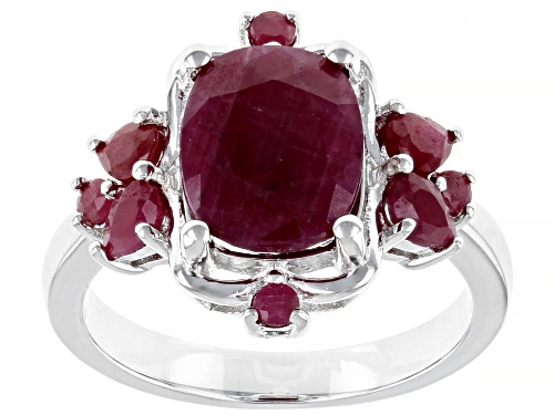 Photo of 4.42ctw Rectangular Cushion, Pear Shape and Round Indian Ruby Rhodium Over Sterling Silver Ring - Size 8
