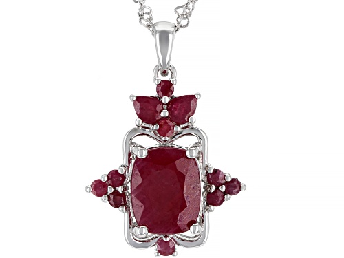 Photo of 4.76ctw Rectangular Cushion, Pear Shape and Round  Indian Ruby, Rhodium Over Silver Pendant W/Chain
