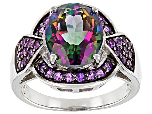 3.87ct Oval Mystic Fire® Green Topaz with .42ctw Round African Amethyst Rhodium Over Silver Ring - Size 7
