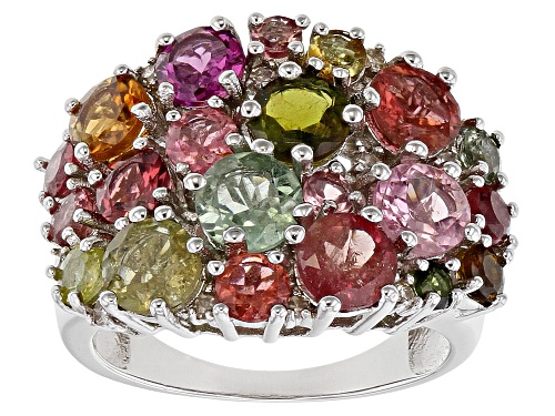 4.91ctw Mixed-Color Tourmaline with .08ctw White Diamond Accent Rhodium Over Silver Band Ring - Size 8