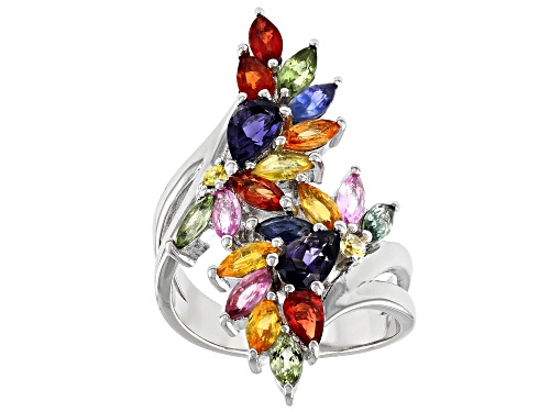 3.17ctw Mixed Shapes & Colors Sapphire with .56ctw Pear Shape Iolite Rhodium Over Silver Bypass Ring - Size 7