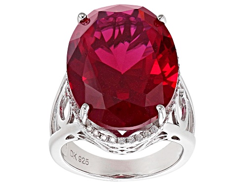 22.54ct Oval Lab Created Ruby With .39ctw Round White Zircon Rhodium Over Sterling Silver Ring - Size 8