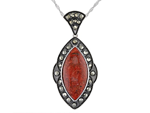 Photo of 25x12mm Marquise Red Sponge Coral With Round Marcasite Rhodium Over Silver Pendant With Chain