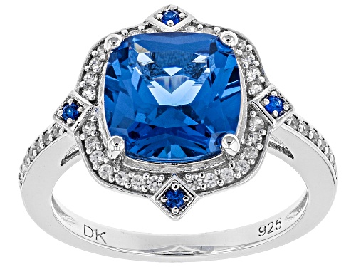 Photo of 3.21ctw Square Cushion & Round Lab Created Blue Spinel, .24ctw Zircon Rhodium Over Silver Ring - Size 9