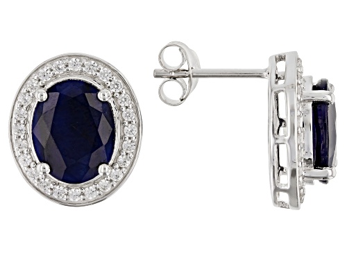 5.16ctw Oval Blue Sapphire with .37ctw Round White Zircon Rhodium Over Sterling Silver Stud Earrings