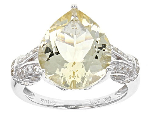4.68ct Pear Shape Yellow Labradorite With .40ctw Round White Zircon Rhodium Over Silver Ring - Size 10