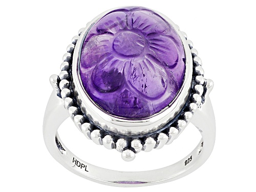 10.00ct Oval Carved African Amethyst Cabochon Sterling Silver Ring - Size 6