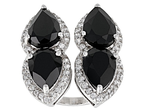 12.01ctw Pear Shape Black Spinel With 1.28ctw Round White Zircon Sterling Silver Ring - Size 5