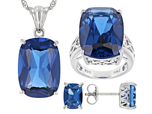 38.00ctw Lab Created Blue Spinel Rhodium Over Silver Pendant With Chain, Earrings,Ring Box Set