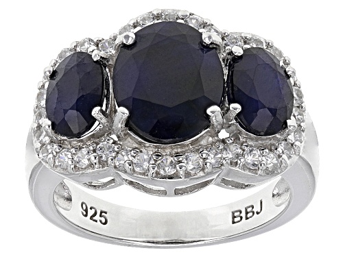 Photo of 4.35ctw Oval Blue Sapphire And .56ctw Round White Zircon Rhodium Over Sterling Silver 3-Stone Ring - Size 10
