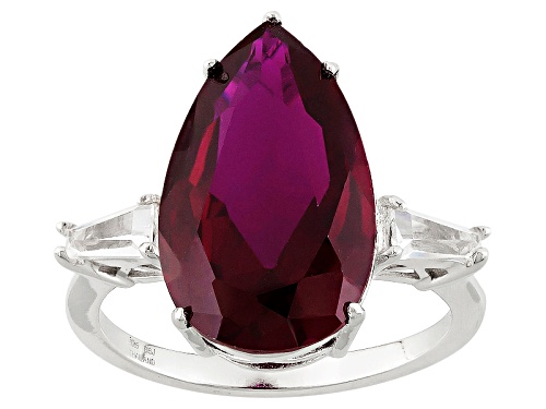 7.86ct Pear Shape Lab Created Ruby, .43ctw Tapered Baguette Lab Created White Sapphire Silver Ring - Size 12