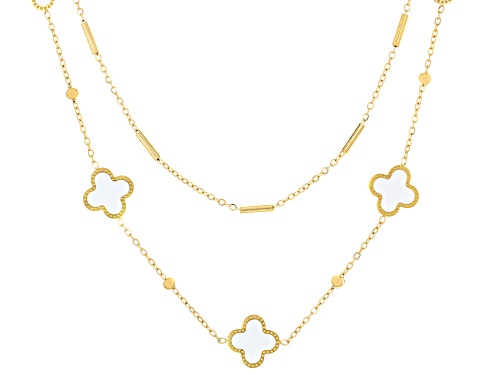 Gold Tone Stainless Steel White Enamel Clover Layered 18-20" Station Necklace - Size 18