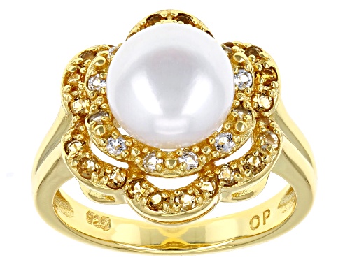 9mm Cultured Freshwater Pearl with White Topaz & Citrine 18k Yellow Gold Over Sterling Silver Ring - Size 11