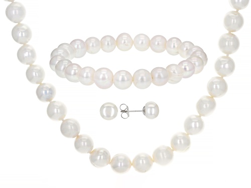 8-9mm White Cultured Freshwater Pearl Rhodium Over Silver Necklace, Bracelet, and Earring Set