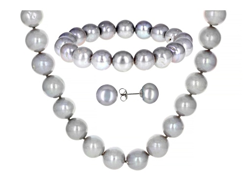 11-12mm Platinum Cultured Freshwater Pearl Rhodium Over Silver Necklace Bracelet & Earring Set