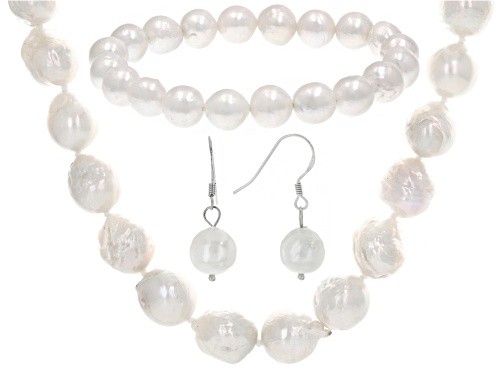 Genusis™ 9-11mm Cultured Freshwater Pearl Rhodium Over Silver Necklace, Bracelet, & Earring Set
