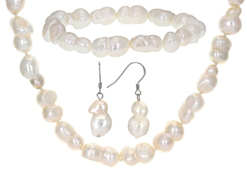 8-11mm Cultured Freshwater Pearl Rhodium Over Sterling Silver 20 Inch Necklace Bracelet Earring Set