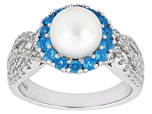 8mm White Cultured Freshwater Pearl with Neon Apatite and White Zircon Rhodium Over Silver Ring - Size 11