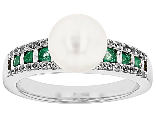 8-9mm Cultured Freshwater Pearl with Zambian Emerald and White Zircon Rhodium Over Silver Ring - Size 12