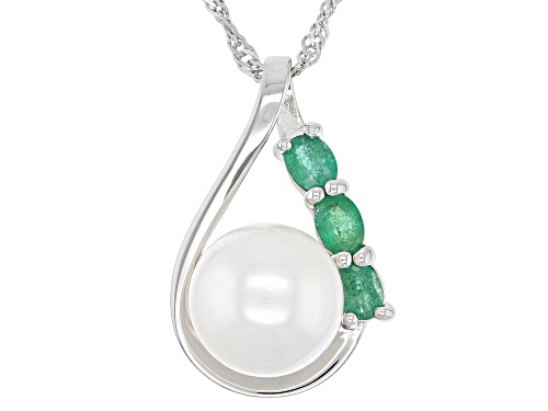 9-10mm Cultured Freshwater Pearl with Zambian Emerald Rhodium Over Silver Pendant with Chain