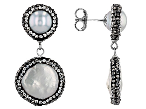 9-9.5mm Cultured Freshwater Pearl with Multi-Color Crystal Accents Rhodium Over Silver Earrings