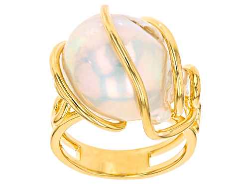 Genusis™ 13-14mm White Cultured Freshwater Pearl 18k Yellow Gold Over Sterling Silver Ring - Size 7