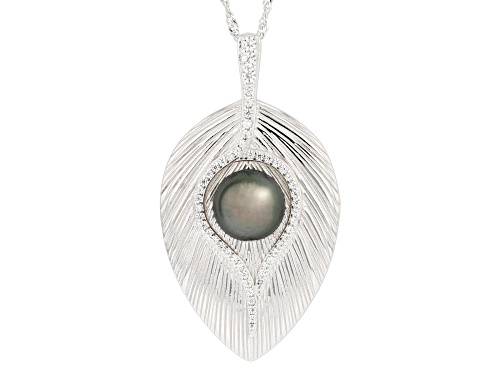 9-10mm Cultured Tahitian Pearl and White Zircon Rhodium Over Sterling Silver Pendant with Chain