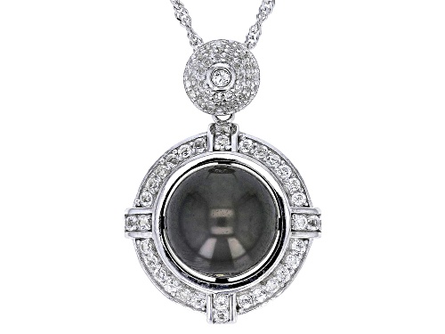 11-12mm Black Cultured Tahitian Pearl & White Topaz Rhodium Over Silver Pendant With Chain