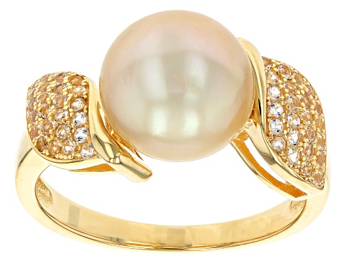 9mm Golden Cultured South Sea Pearl and White Topaz 18k Yellow Gold Over Sterling Silver Ring - Size 12