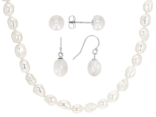 Photo of 6-8mm White Cultured Freshwater Pearl Rhodium Over Sterling Silver 63 Inch Necklace And Earring Set