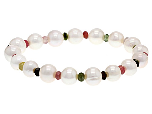Photo of 7.5-8mm White Cultured Freshwater Pearl and Multi-Tourmaline Stretch Bracelet