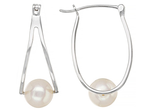 8-8.5mm White Cultured Freshwater Pearl Rhodium Over Sterling Silver Double Hoop Earrings