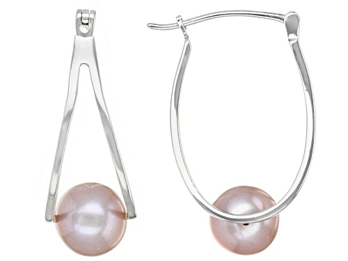 Photo of 8-8.5mm Pink Cultured Freshwater Pearl Rhodium Over Sterling Silver Double Hoop Earrings